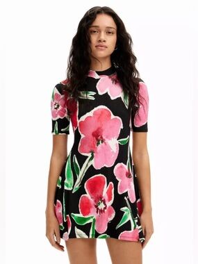 Desigual Floral Short Sleeve Mini Skater Dress Ribbed Knit
